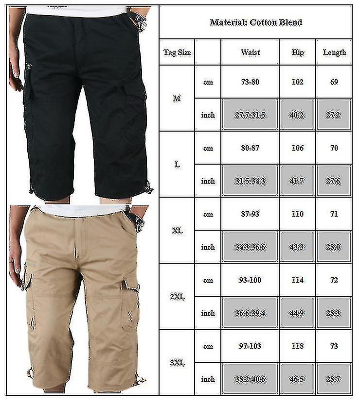 Mens 3/4 Long Length Elasticated Shorts Waist Cargo Combat Three
