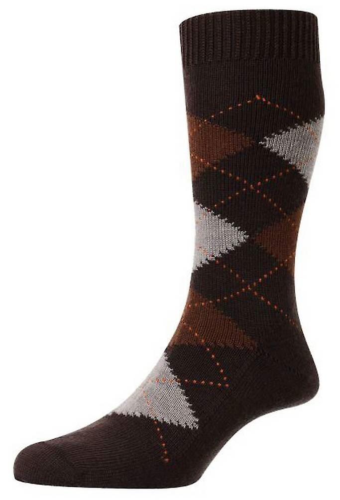 Pantherella Racton Argyle Merino Wool Socks - Dark Brown