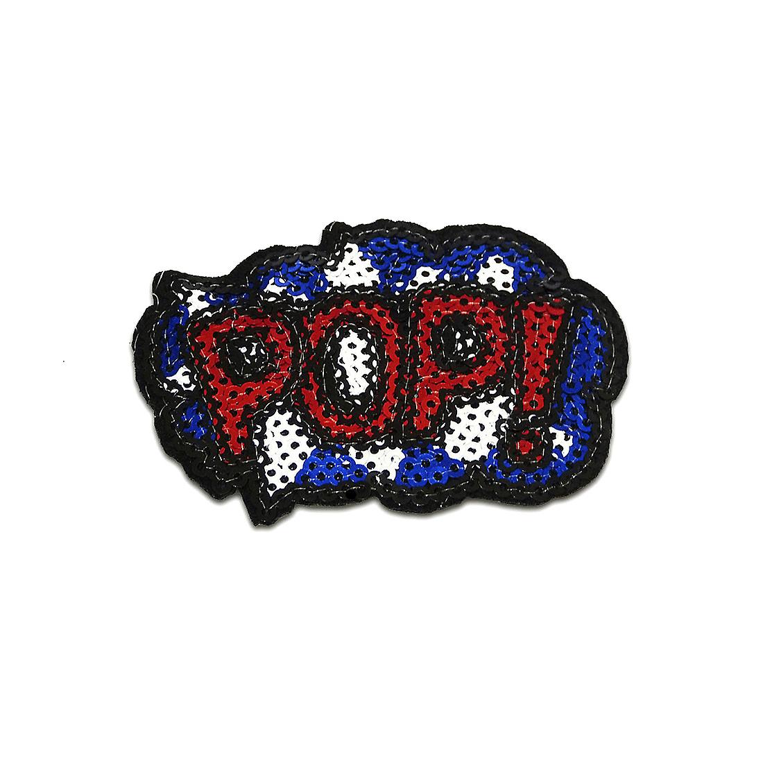 Patch / iron-on patch - POP! Comic children's with sequins – blue/red – 7,1x4,9cm - patch