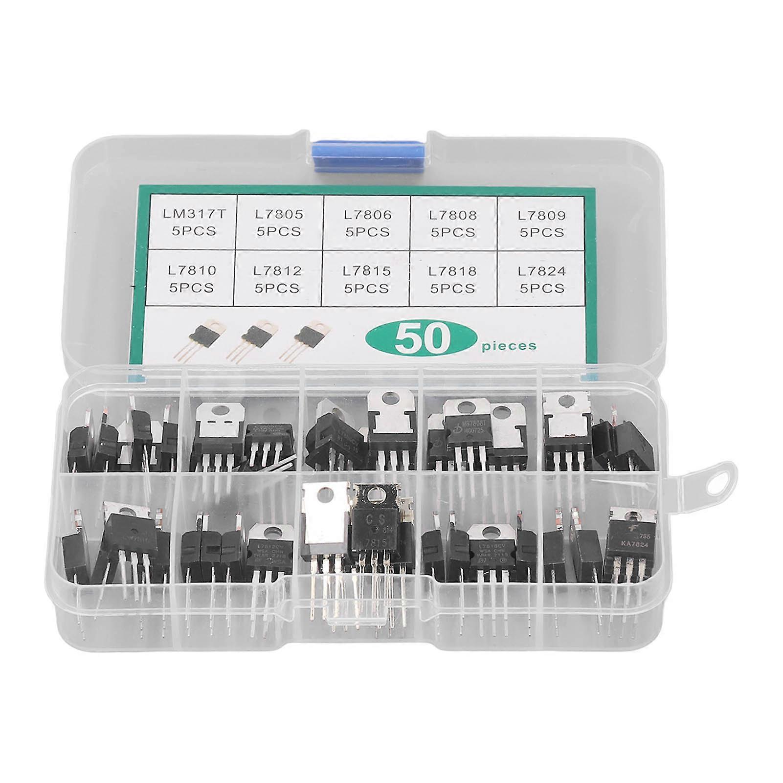 50Pcs Transistor Kit TO 220 Series LM317T L7805 L7806 L7808 L7809 L7810 L7812 L7815 L7818 L7824 10 Values Assortment