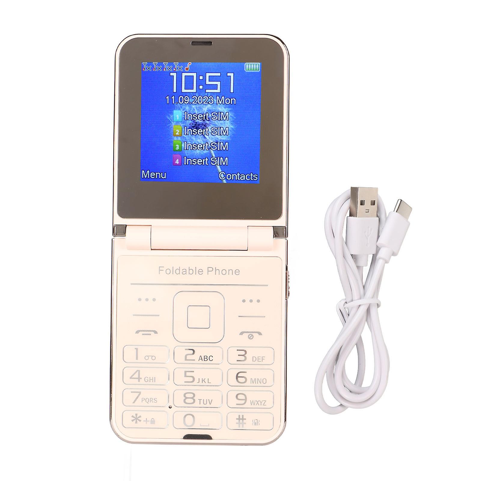 Flip 2G Phone 2.6in Senior Cellphone 2 Screen 1.3MP 4 SIM Cards Standby Big Button Big Digits Loud Sound Basic Phone for Elderly Gold