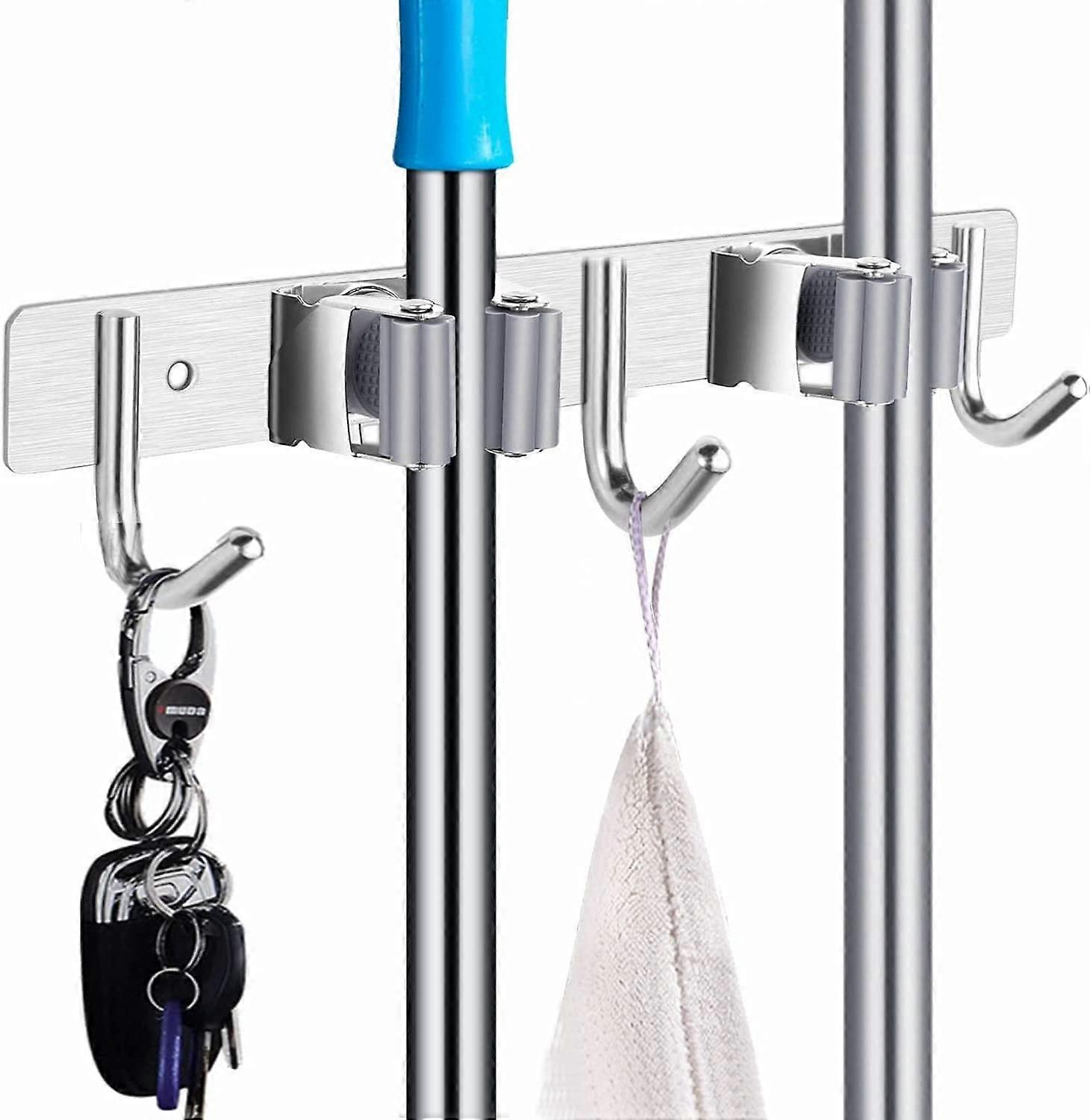Stainless Steel Broom Hook, Mop Hook Storage Holder, with 2 Clips and 3 Hooks 27cm
