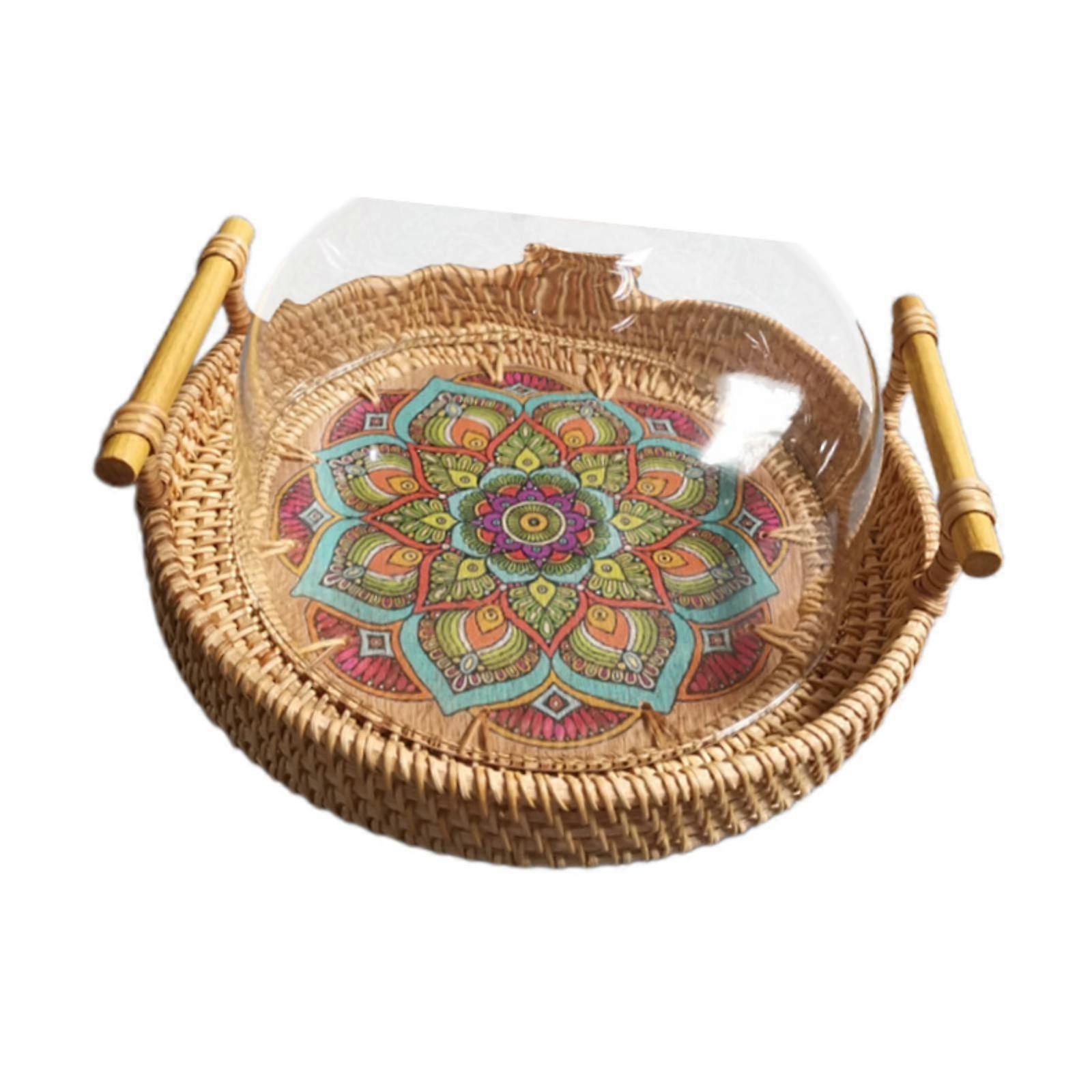 Woven Storage Tray Rustic Style Round Serving Tray for Dessert Kitchen Table 22cm