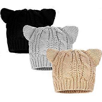3 kpl Cat Ear Knit Cap virkattu punottu neulotut korkit käsintehty neulottu Vuorattu neulottu Pussycat Hat Talvipipo Hattu naisille Miehet, Musta, Beige, Harmaa,2024 