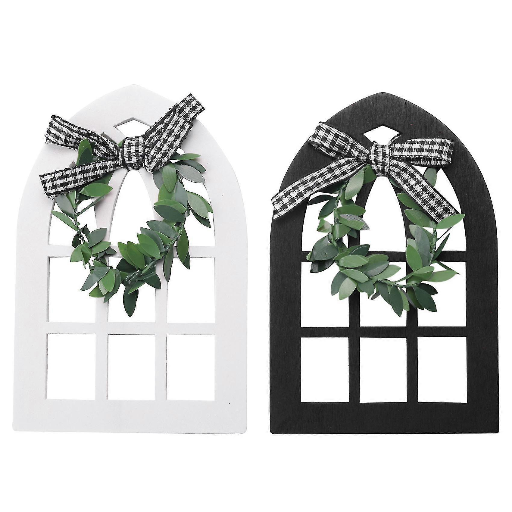 2pcs Wooden Farmhouse Window Tiered Tray Decoration Rustic Farmhouse Decor Cathedral Arch Window Shelf Photo Prop