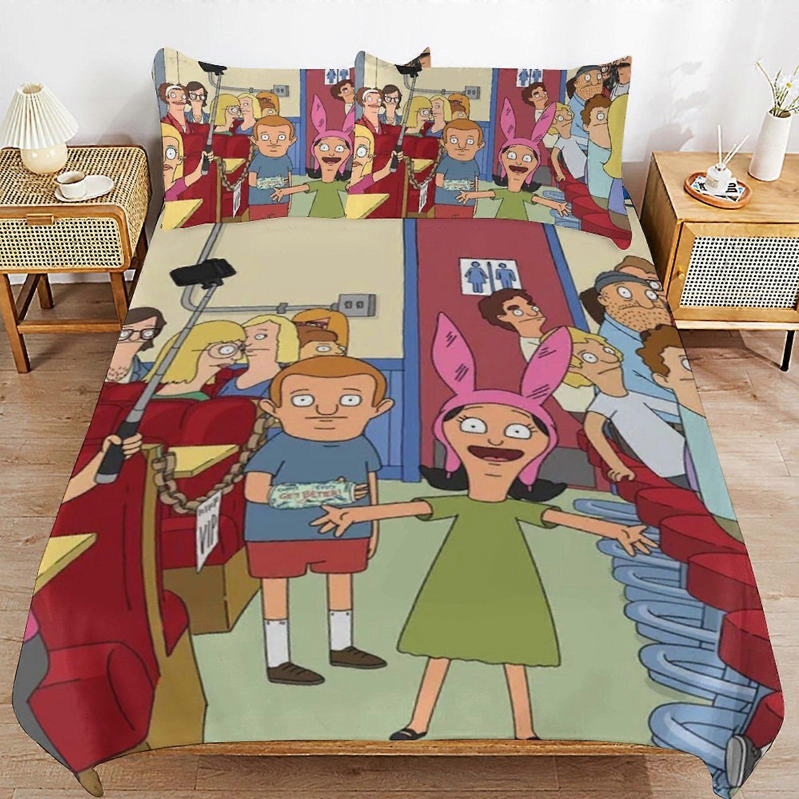 a1617 Conjunto de capa de edredom Bob's Burgers, conjunto de cama de 3 peças 86x70" Conjunto de capa de edredom decorativa com impressão dupla face (1 capa de edredom + 2 fronhas)"