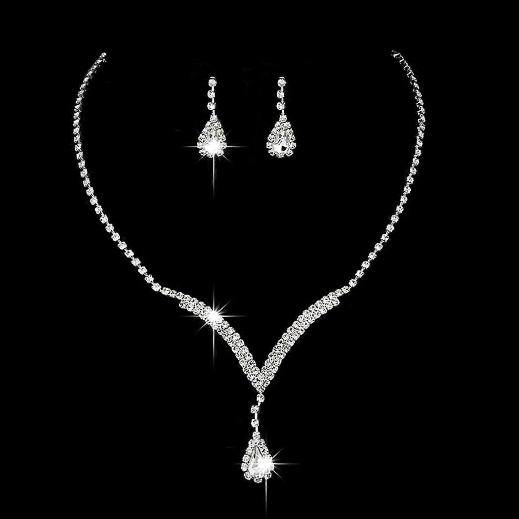Wedding Necklace Earrings Set Silver Rhinestone