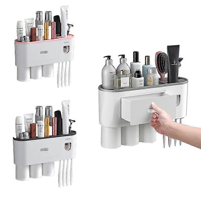 Automatic Toothpaste Squeezer Toothbrush Toothpaste Dispenser Holder Organizer Storage Dustproof with Magnetic cup Wall Mount