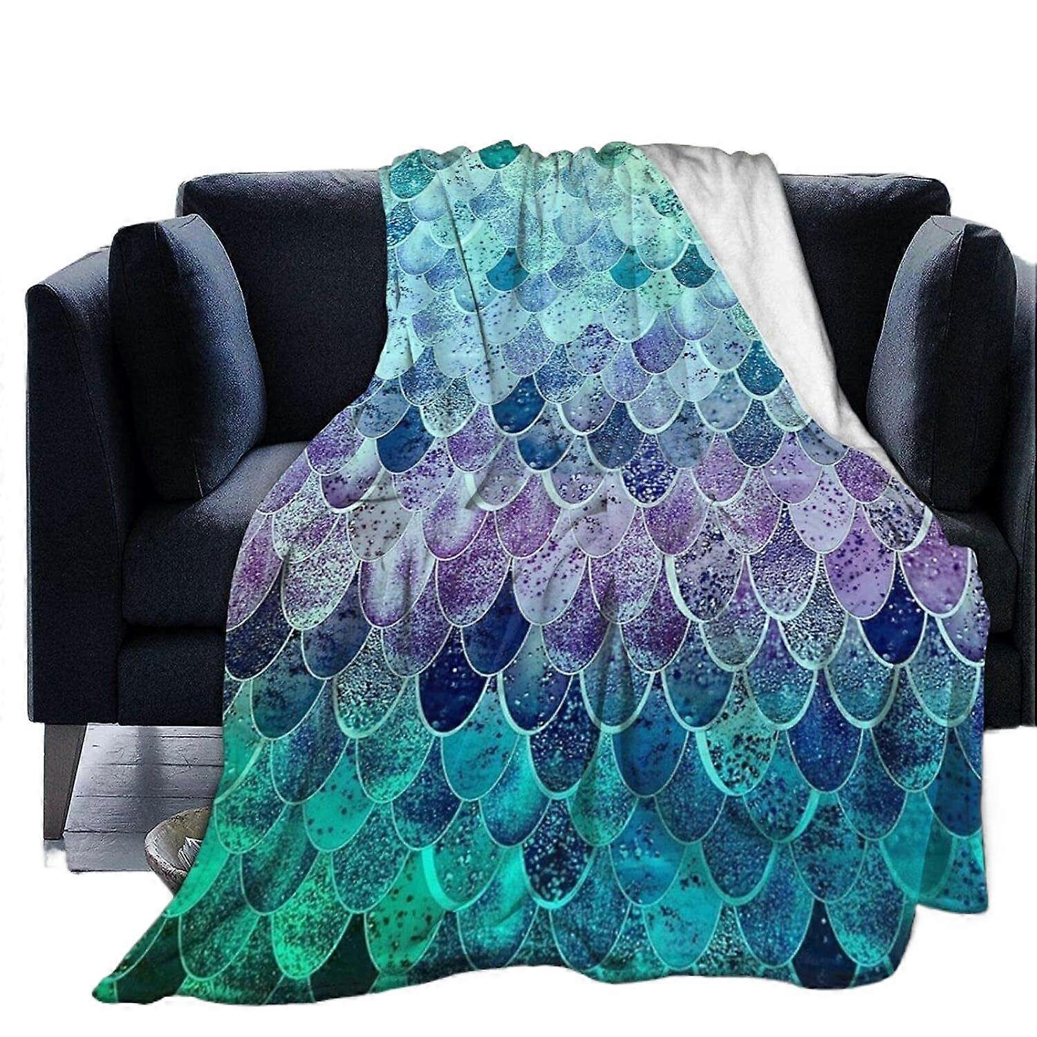 Mermaid Scale Plush Throw Fuzzy Super Soft Reversible Microfiber Flannel Blankets For Couch Bed Sofa Ultra Luxurious Warm and Cozy For All SeasonsInch