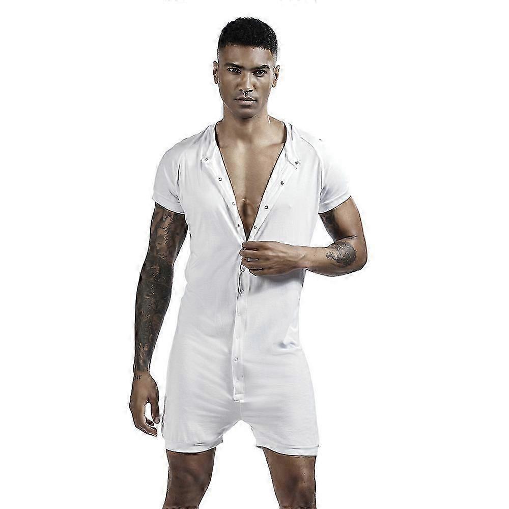 Mens Short Sleeve Onesie Button Down Jumpsuit Pajamas Stretchy Workout Tracksuit