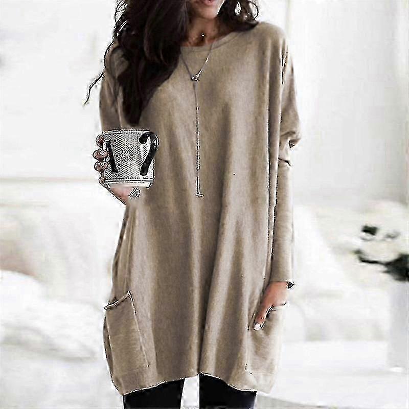 المرأة زائد الحجم طويل الأكمام تونيك قمم Crewneck خفيفة الوزن قميص من النوع الثقيل عارضة قمصان كبيرة الحجم مع جيوب (S-5X)-Yvan