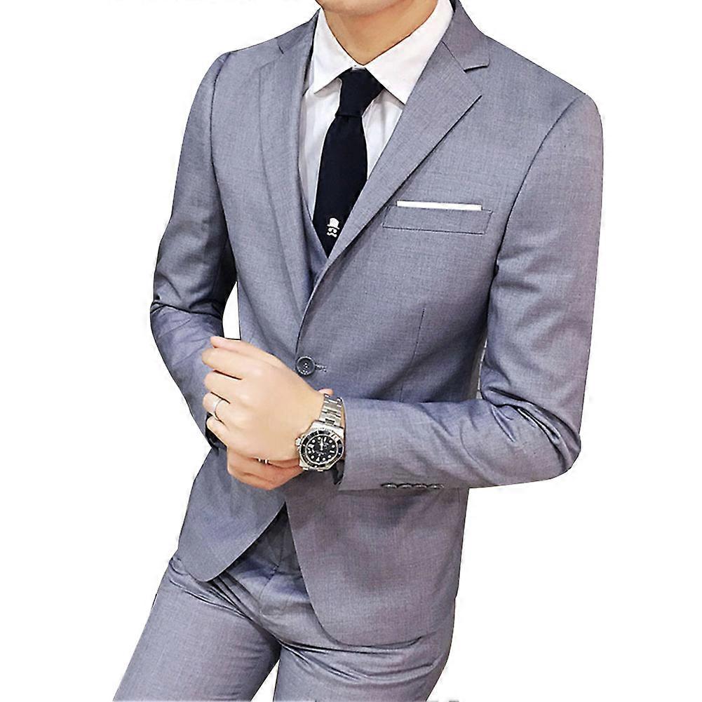 3pcs Mannen Mode Effen Kleur Pak Formele Slijtage Zakelijke Jas Broek Vest Set (Lichtgrijs L)