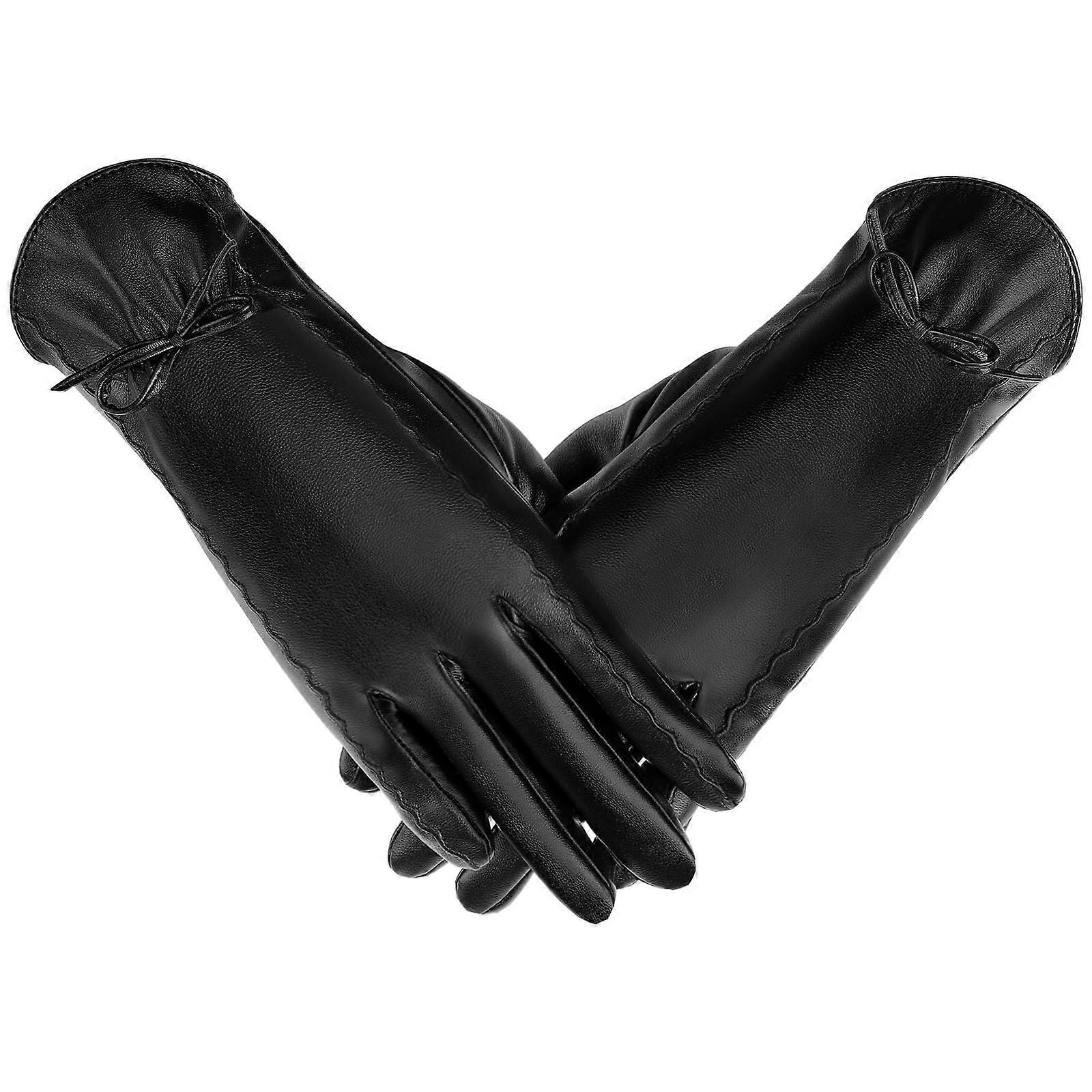 Women's black leather winter gloves, touch screen function, warm and practical