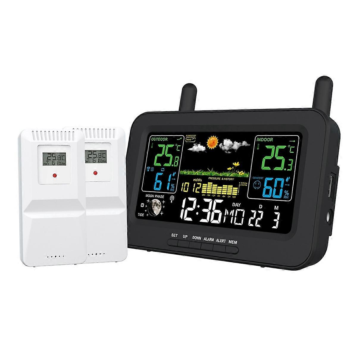 Multi-Function Color Screen Digital Weather Station Weather Station Radio Clock with Wireless Outdoor Sensor Black (EU)