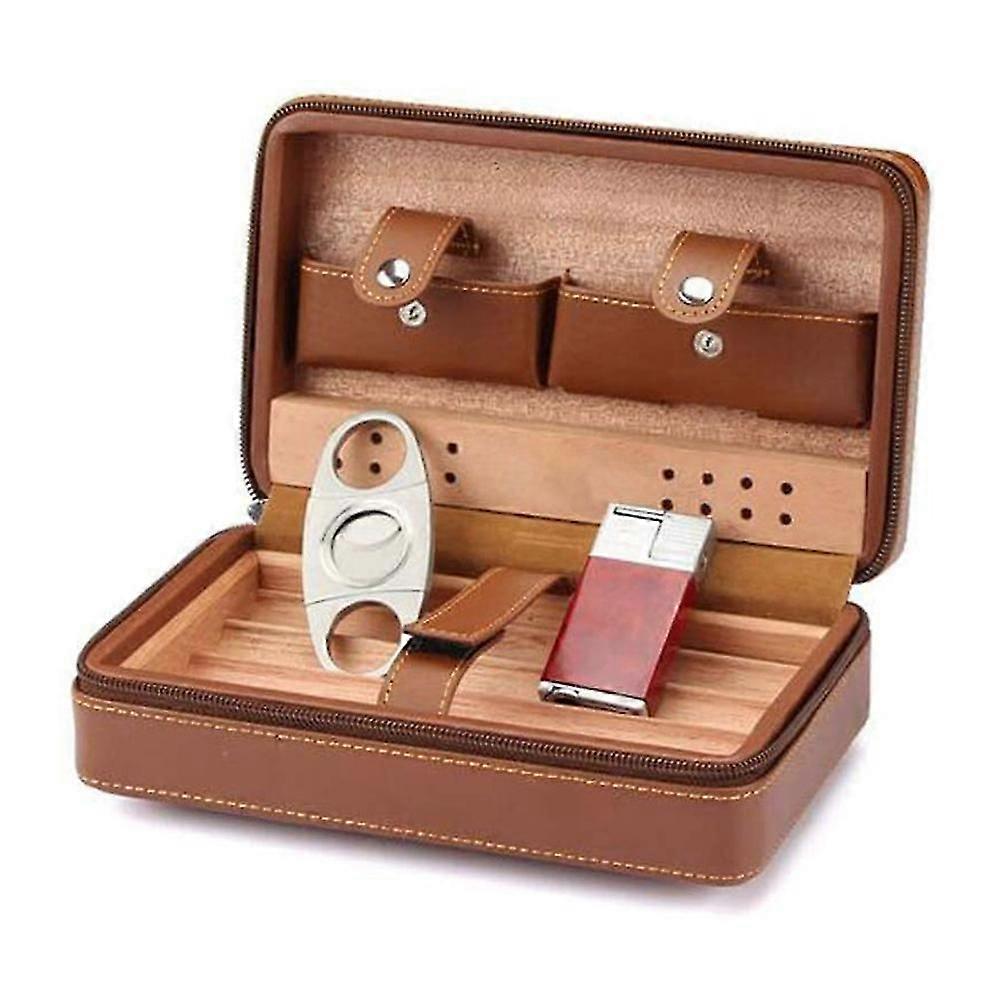 Leather Travel Cigar Humidor Case, Portable Cedar Wood With Humidifier Humidifier For 4