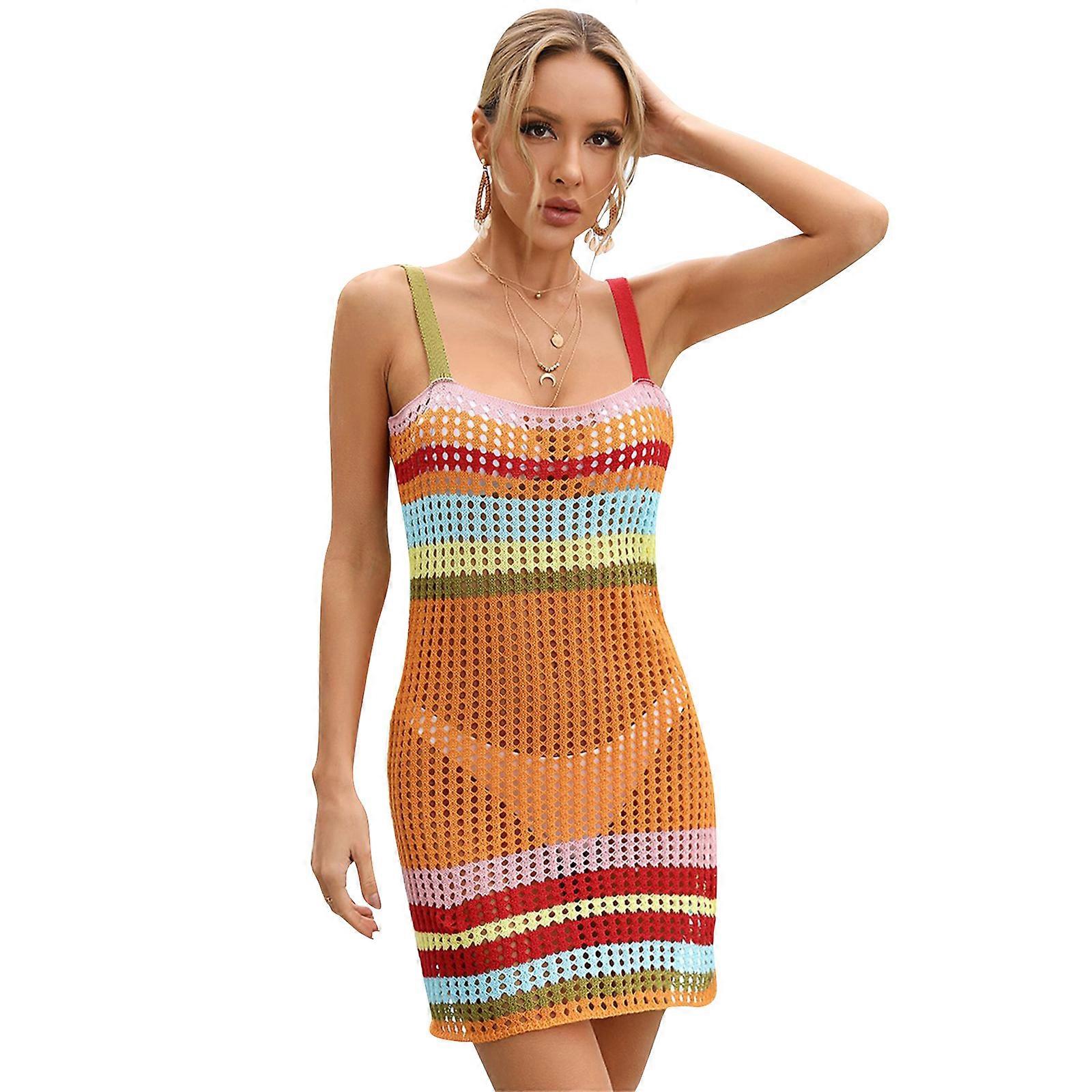 crochet patchwork cover up beach dress Solana Patchwork Crochet Mini Cover Up Dress in Blue/Ivory main image 0