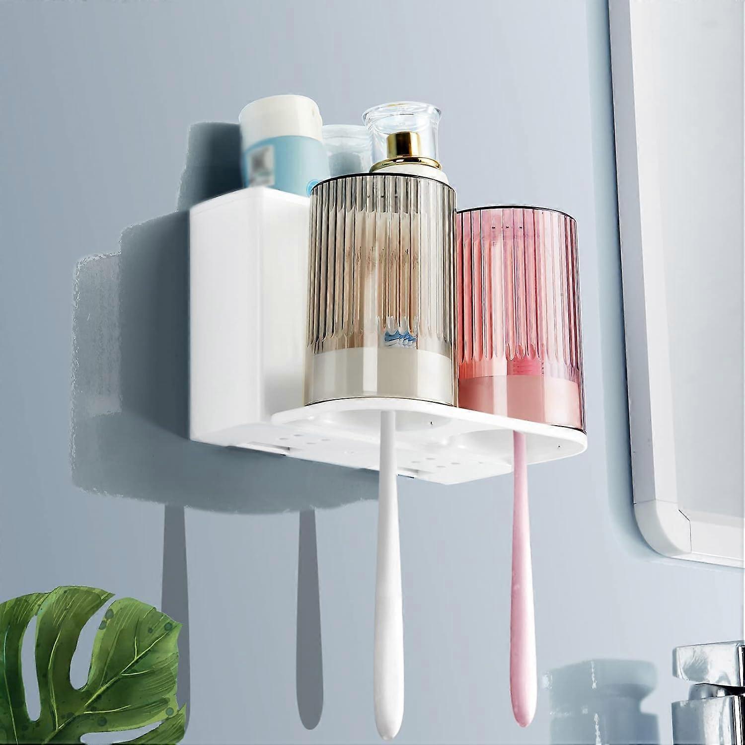 White Plastic Toothbrush Holder Set with 2 Cups for Bathroom Organization, Durable and Easy to Clean, Modern Design