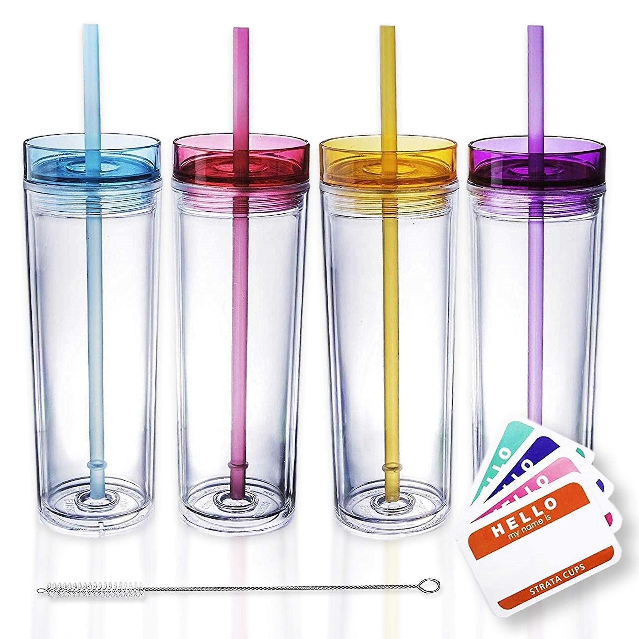 Skinny Tumblers 16 oz Acrylic Cups Set of 4 with Pipettes | Double-Walled Lightweight Colorful Drinkware