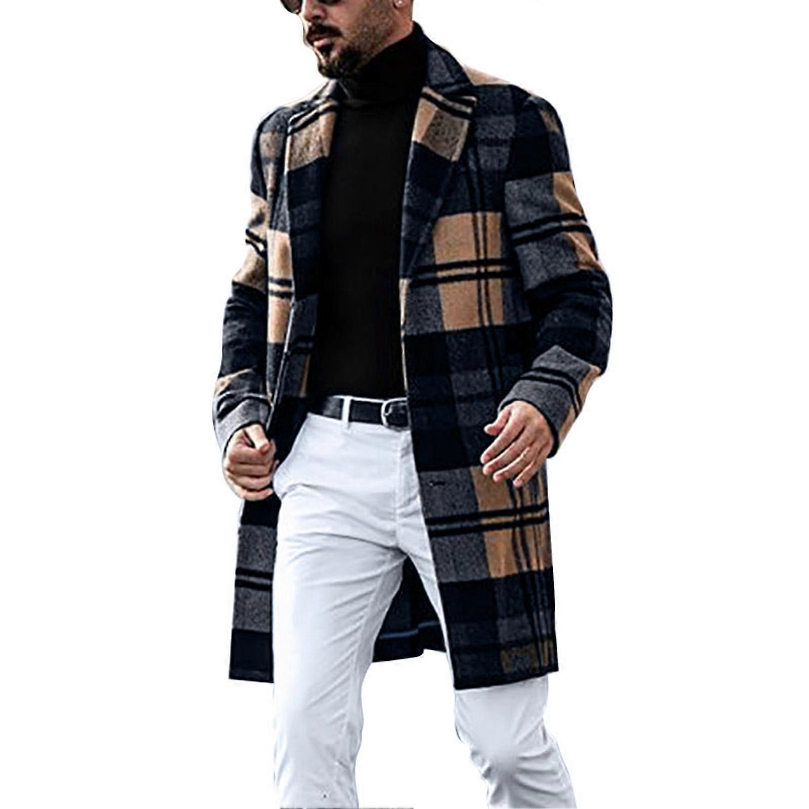 Men Coat Lapel Long Sleeve Jacket Plaid Pattern Polyester Warm for Autumn Winter