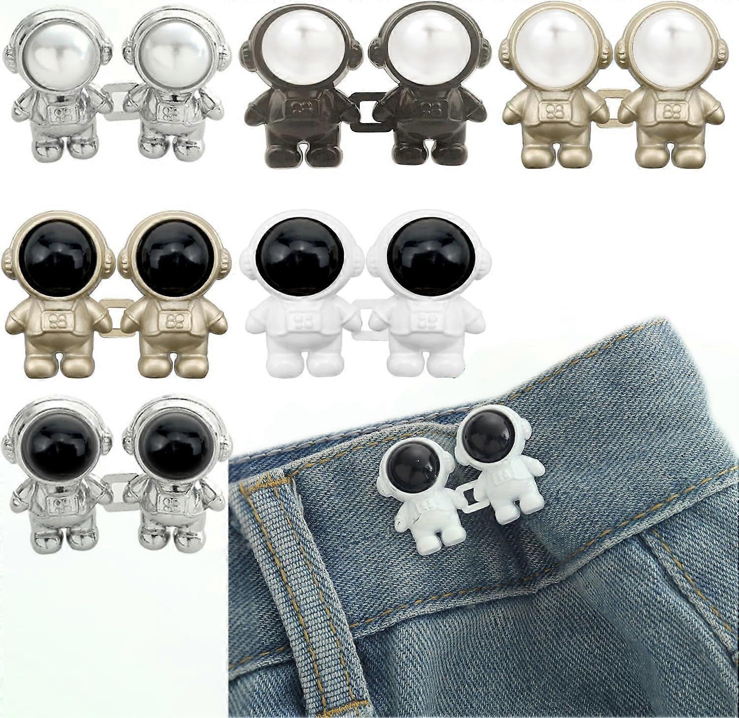 6 Sets Instant Pant Waist Tightener-Cool Astronaut Pins for Jeans,Detachable Jean Buttons for Loose Jeans, No Sew and No Tools Button Pins for Jeans,