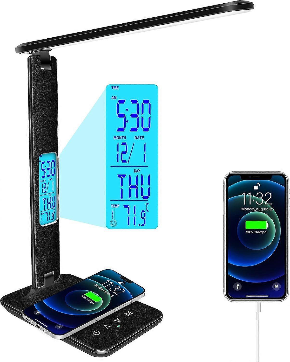 Desk Lamp, Desk Light with Wireless Charger, USB Charging Port, Dimmable Office Desk Lamp with Clock, Alarm, Date, Temperature, Foldable Table Lamp fo