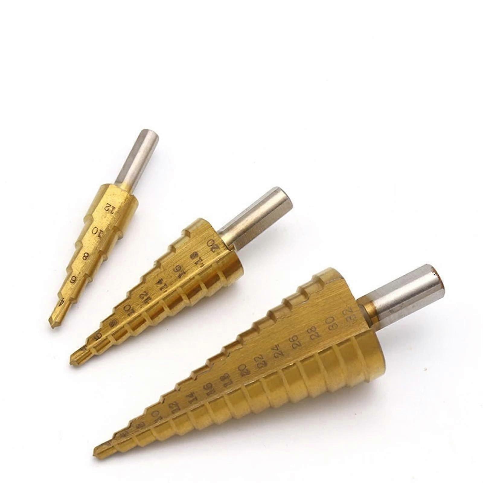 3Pcs Large Step Cone HSS Steel Spiral Grooved Step Drill Bit Set Hole Cutter Cut Tool 412/20/32mm Wood Box