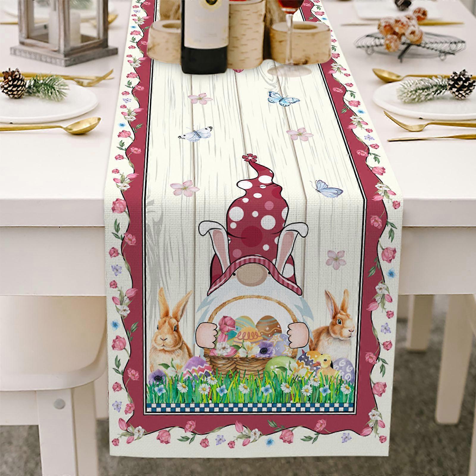 Happy Easter Table Runner 13 x 70 Inch Bunny Gnomes Easter Eggs Tablecloth Decor Multicolor