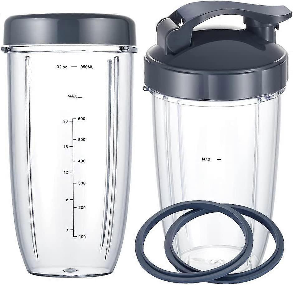 Blender Attachment - Replacement Blender Cups Fits Nutribullet Blender, 32oz & 24oz Cups with Flip Top To Go Lid & Flat Lid & Rubber Gasket