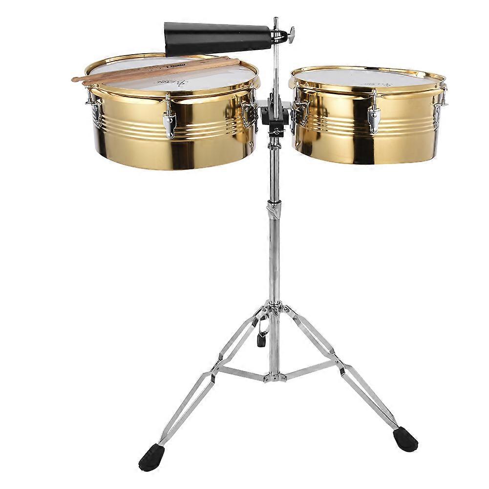 1Pc Big Timbale Drum 1Pc Small Timbale Drum with Cowbell Bracket Musical Instrument(Golden)