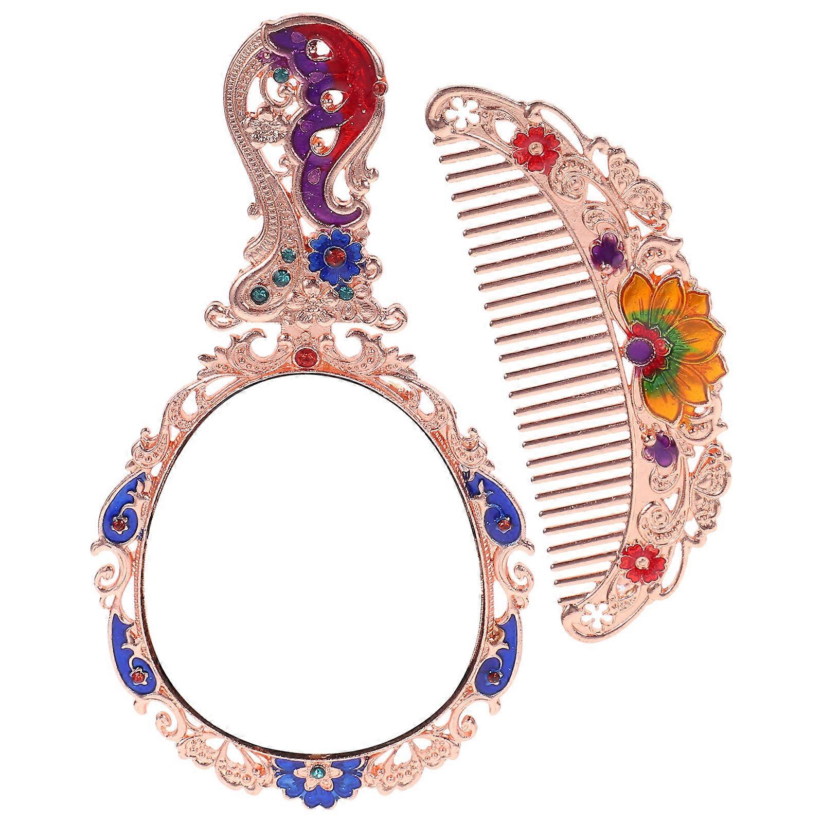 Vintage Handheld Makeup Mirror Comb Set for Women – Compact Travel Mirror with Ergonomic Handle and High Definition Reflection for Outdoor and Party