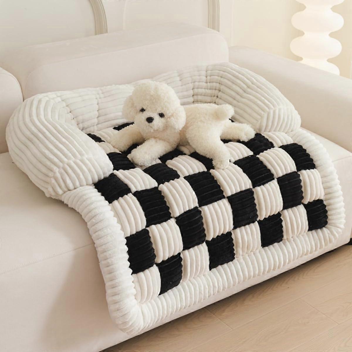 Fluffy Fuzzy Calming Dog Bed Sofa Soft Protector Pet Mat, CreamColoured Large Plaid Square Fuzzy Dog Mat (Black 95x120cm)