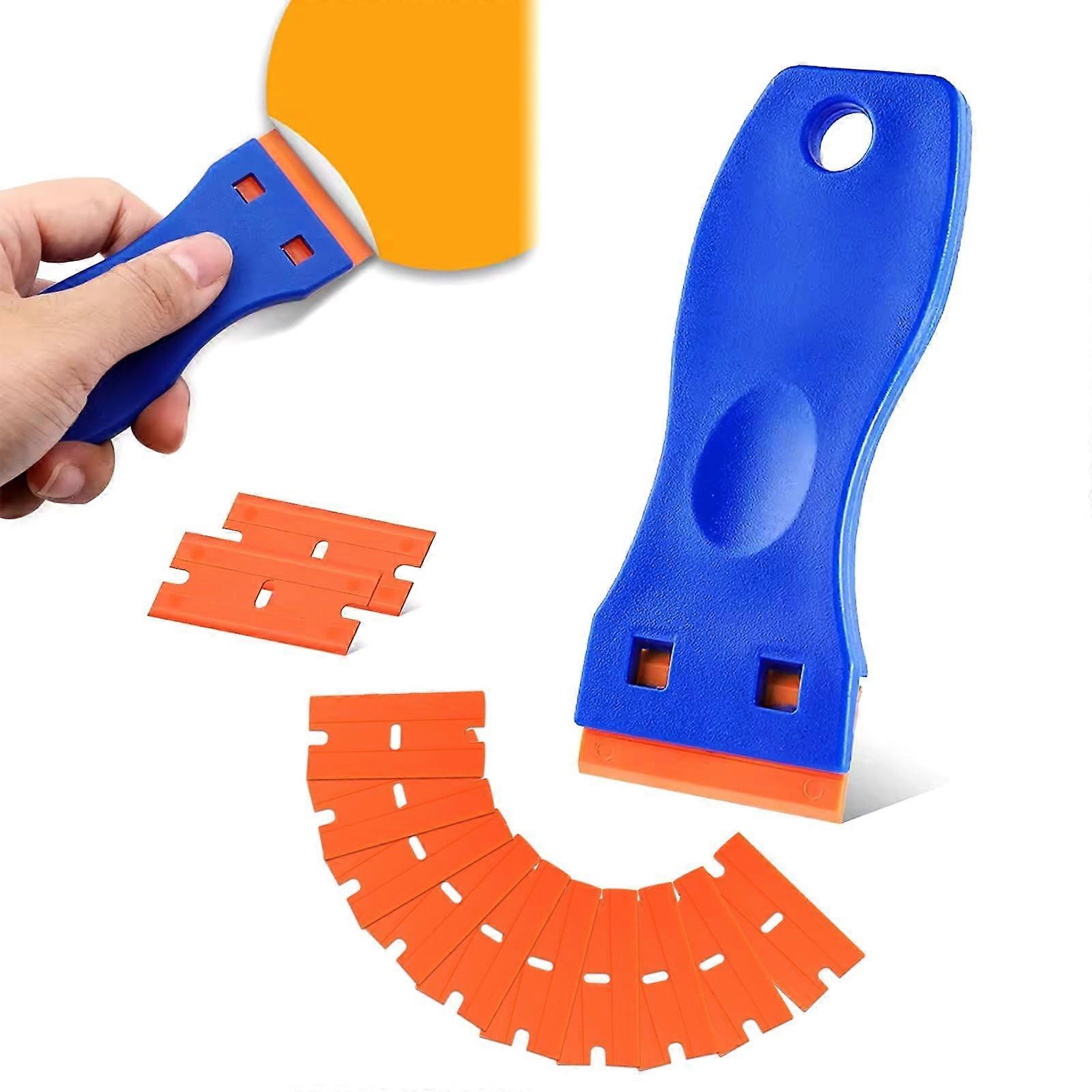 Mini Plastic Scraper with 10 Blades, Blue Plastic Spatula for Adhesive Residue, Label and Glue Removal Tools
