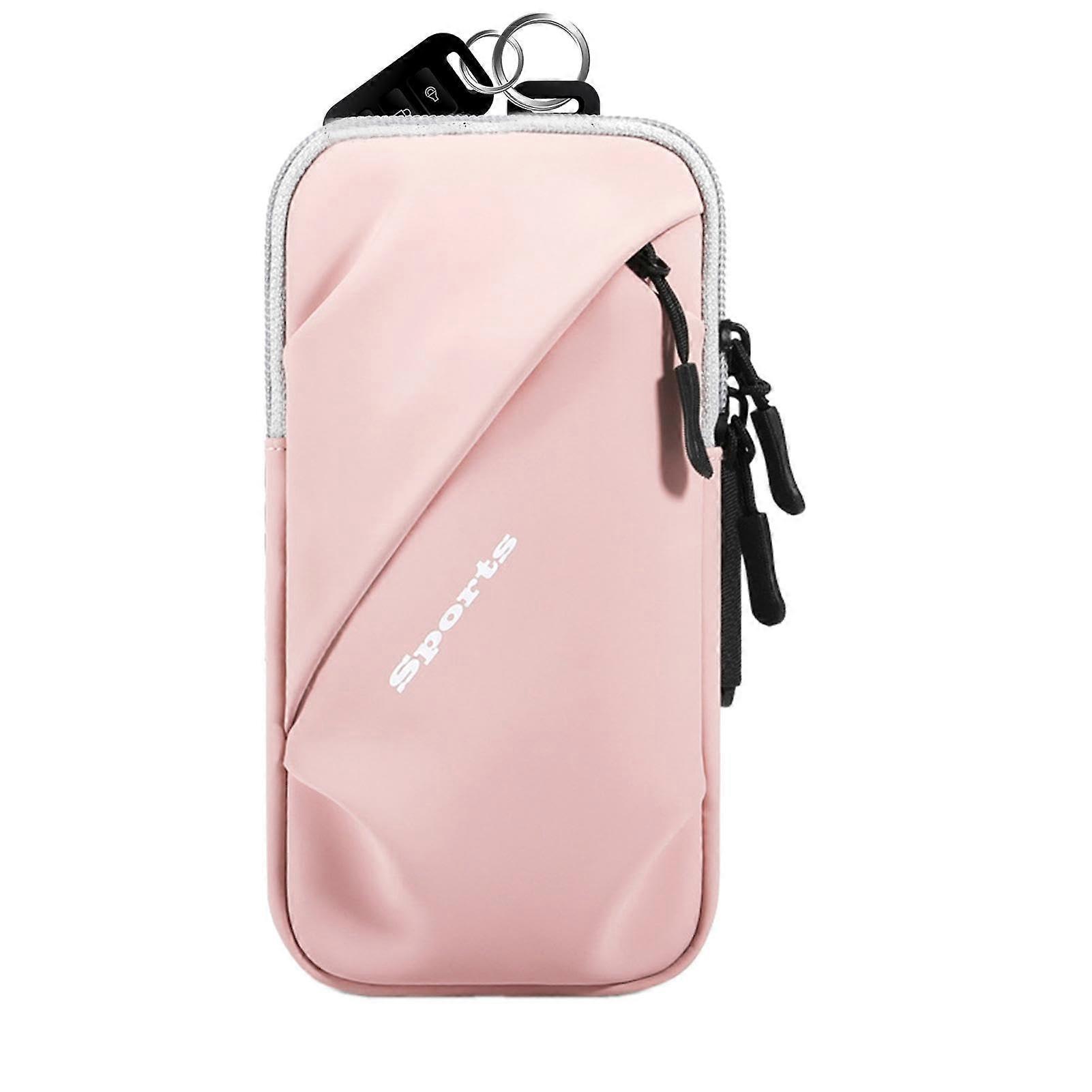 Running armband phone holder, breathable pouch with key and card pocket, pink