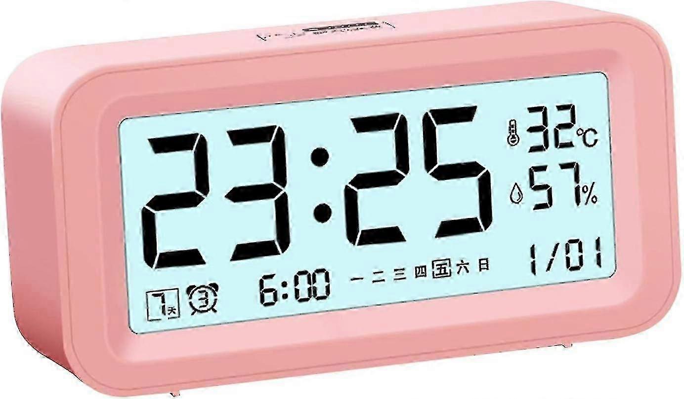 Digital Clock With Snooze With Temperature Humidity Date Intelligent Luminous Adjustable Volume Brightness For Desk Office Travel Home, Pink