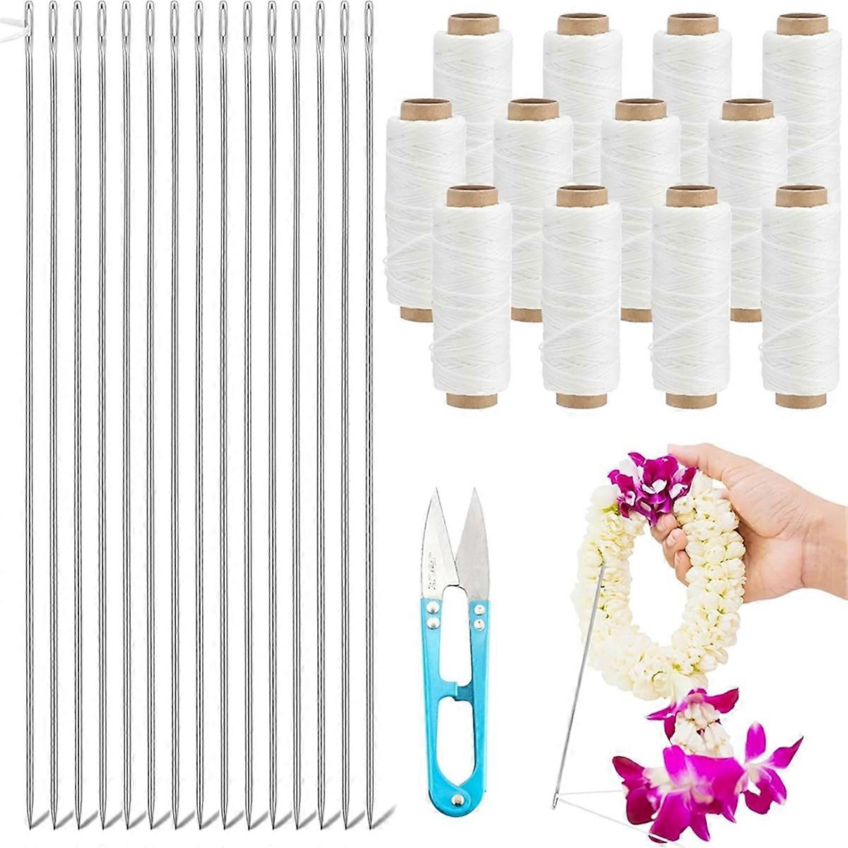 28Pcs Lei Needle-Kit, 15Pcs Long-Needle 12Pcs Twine 1Pc Sewing Scissors for DIY Marigold Garland Bead -Craft
