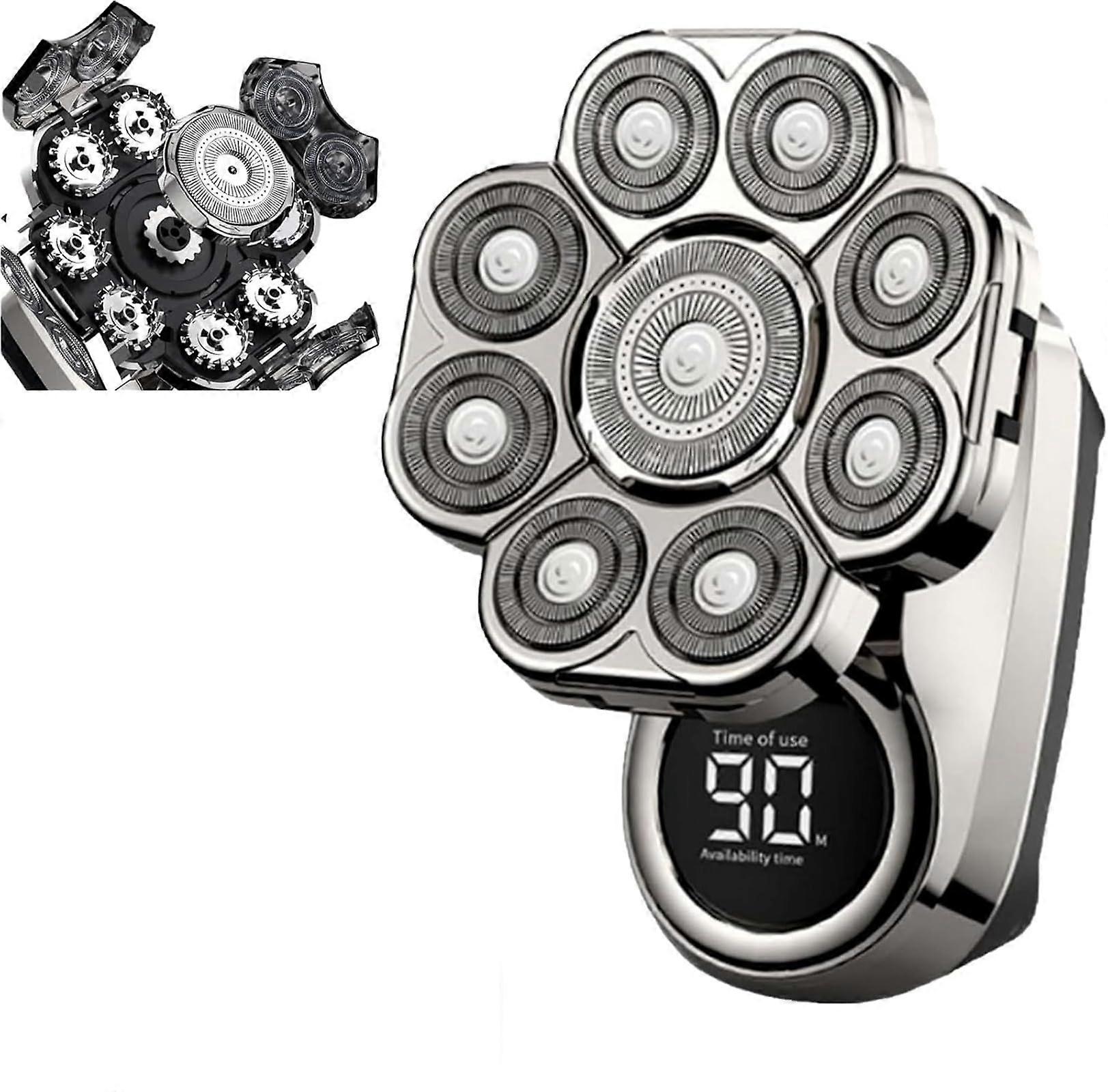9D Floating Head Shaver For Bald Men IPX6 Waterproof Wet Dry Shaving LED Display USB Charging Silver