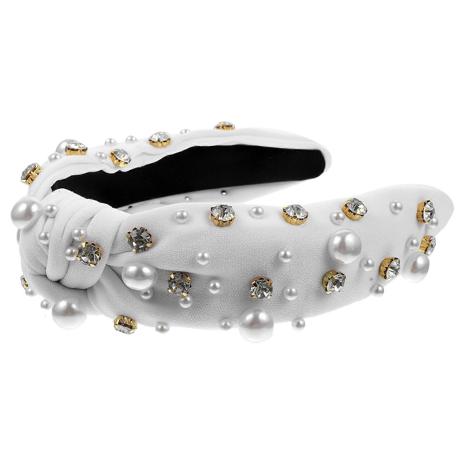 Artificial Pearl Knotted Headband Rhinestone Decoration 2Pcs White Fabric Accessory