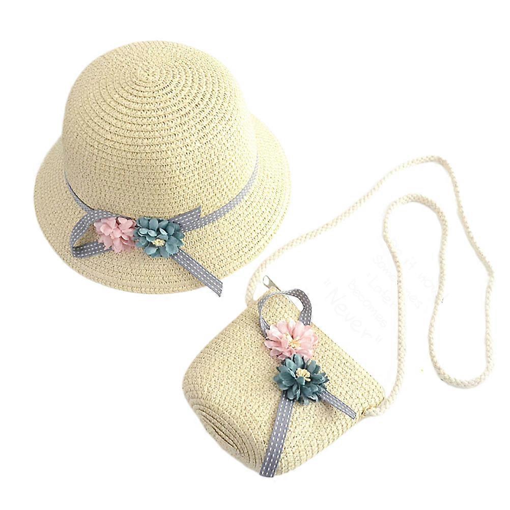 Beach Set for Girls Kids Straw Hat with Straw Bag 2Sets Beige