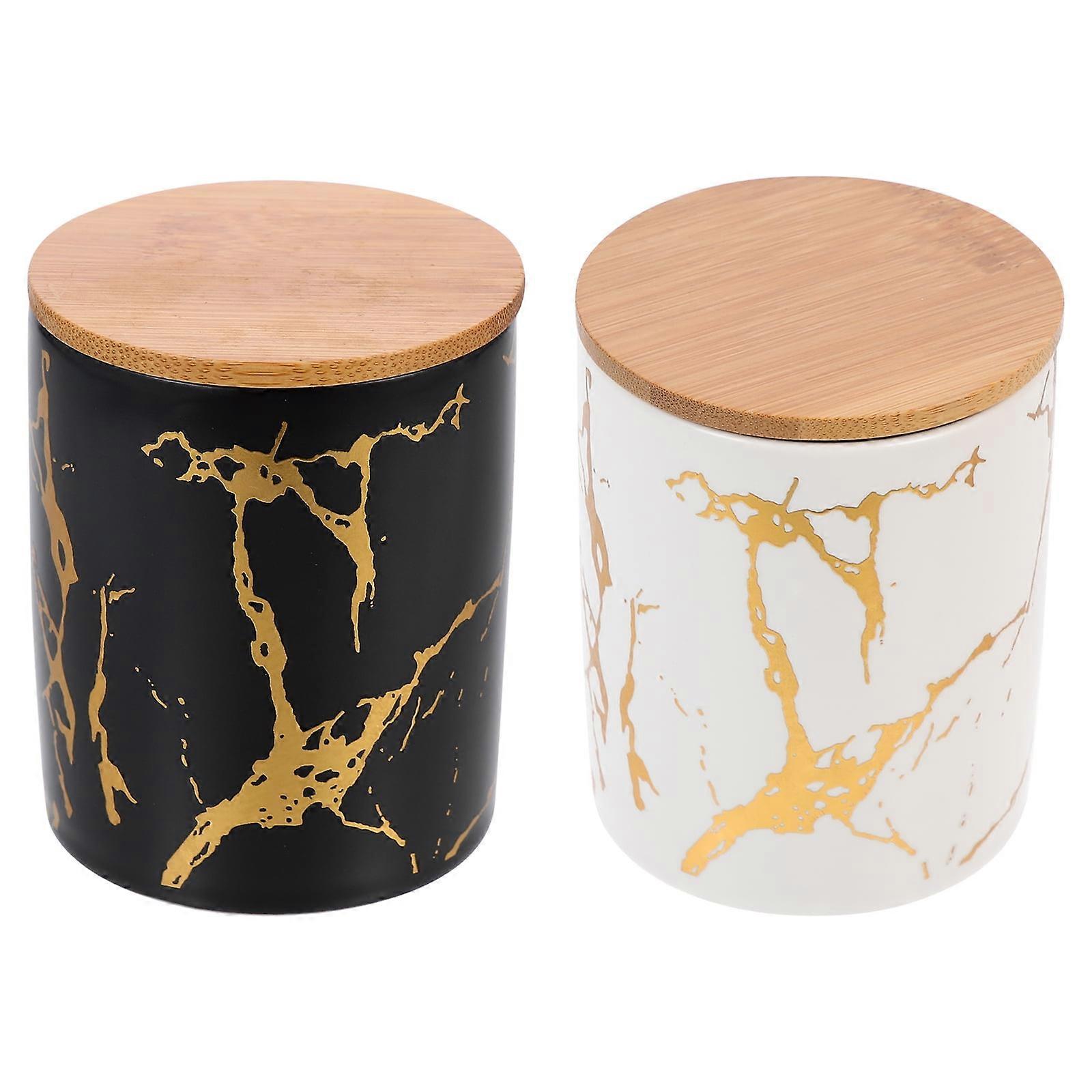 2 Sets Marble Pattern Ceramic Pot Sealed Tea Canisters Cereal Cans Food Storage Containers with Lids Jar