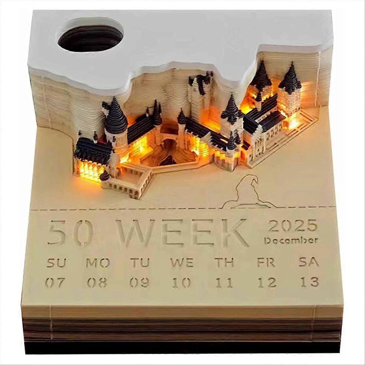 Tidsbitkalender, skrivbordskalender 2025 anteckningsblock, 3D magiskt slott tidsbit anteckningsblock med ljus