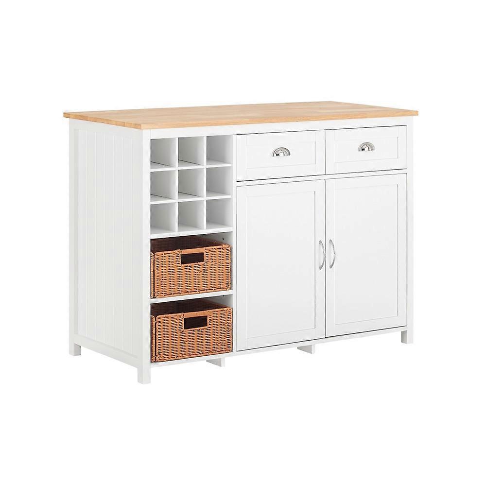 Cucina Isola Armadio da cucina Credenza con 2 cestini in rattan e portabottiglie, tavolo da bar da pranzo per la colazione, SoBuy KNL05-W Bianco 12...