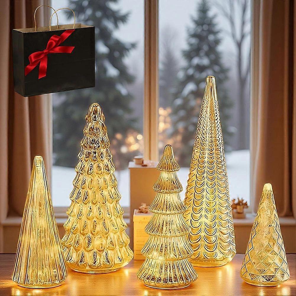 Ensemble de 5 sapins de Noël lumineux en verre mercurisé à LED, décorations de table et de cheminée.