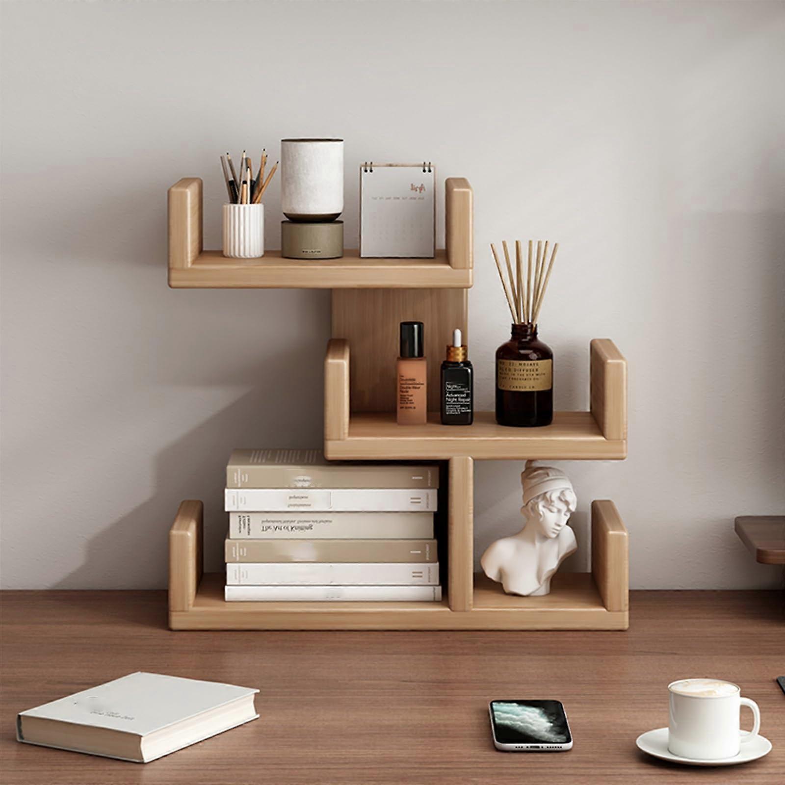 Desktop Bookshelf Organizer Open 3Tier Wood Desk Organizer For Computer Desk Tabletop Rack Natural 40x40cm/15x15in