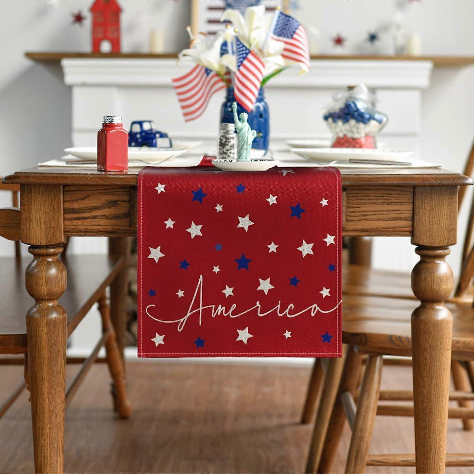 Patriotic Table Banner - Holiday Craft Decoration, Independence Day Flag with Wired Edge Ribbon, Custom Satin Flag