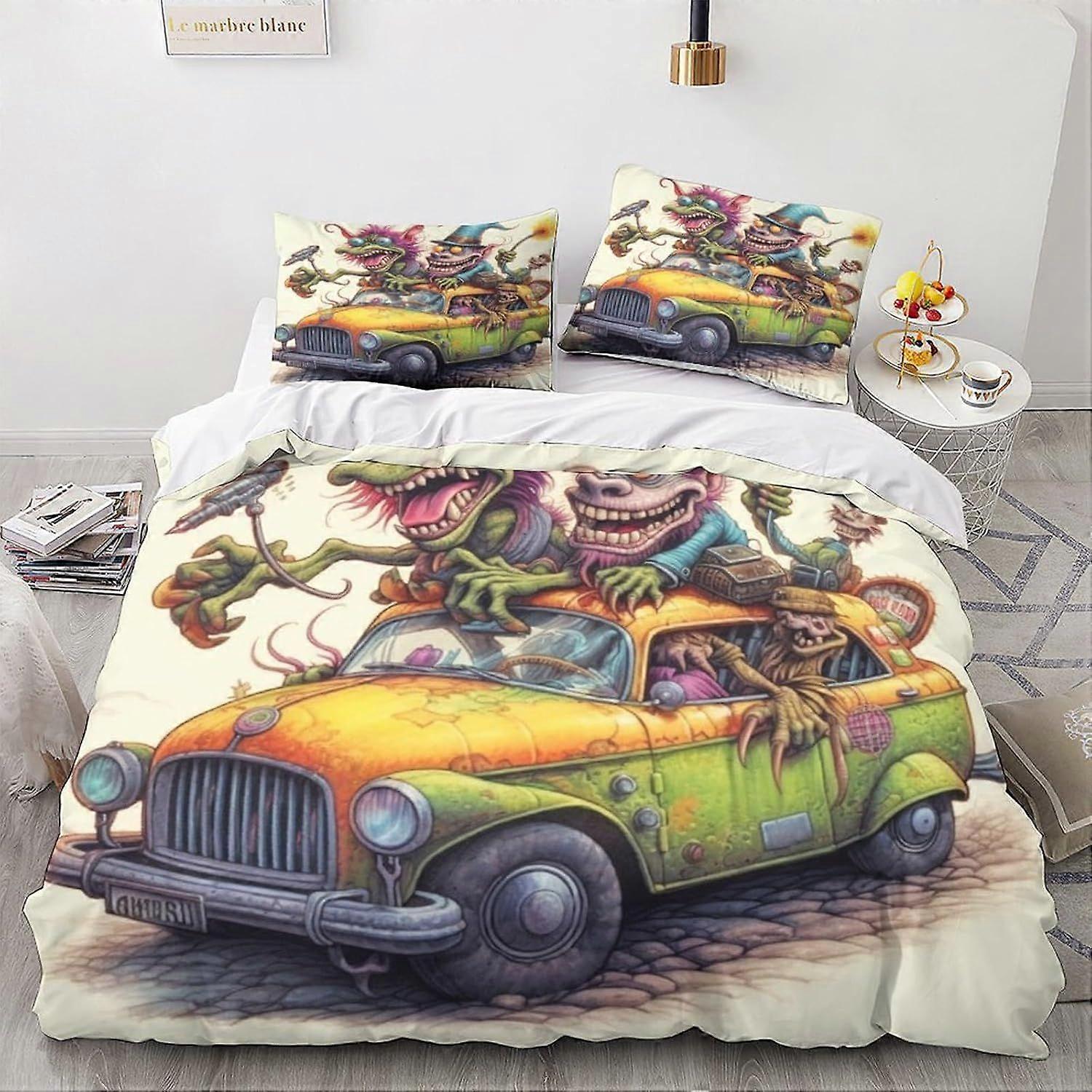 LikeEj 3D impresso monstros jogo de cama para adolescentes vintage carro padrão edredom capa com fronhas desenhos animados capa de microfibra com zíper closu