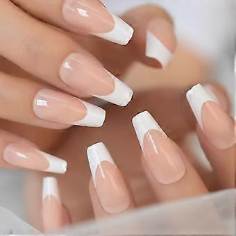 White Natural French Press On Nails Full Coverage Long Nail Tips Ballerina Shaped Glossy Gel Nails 24pcs Artificial False Nails[HK]