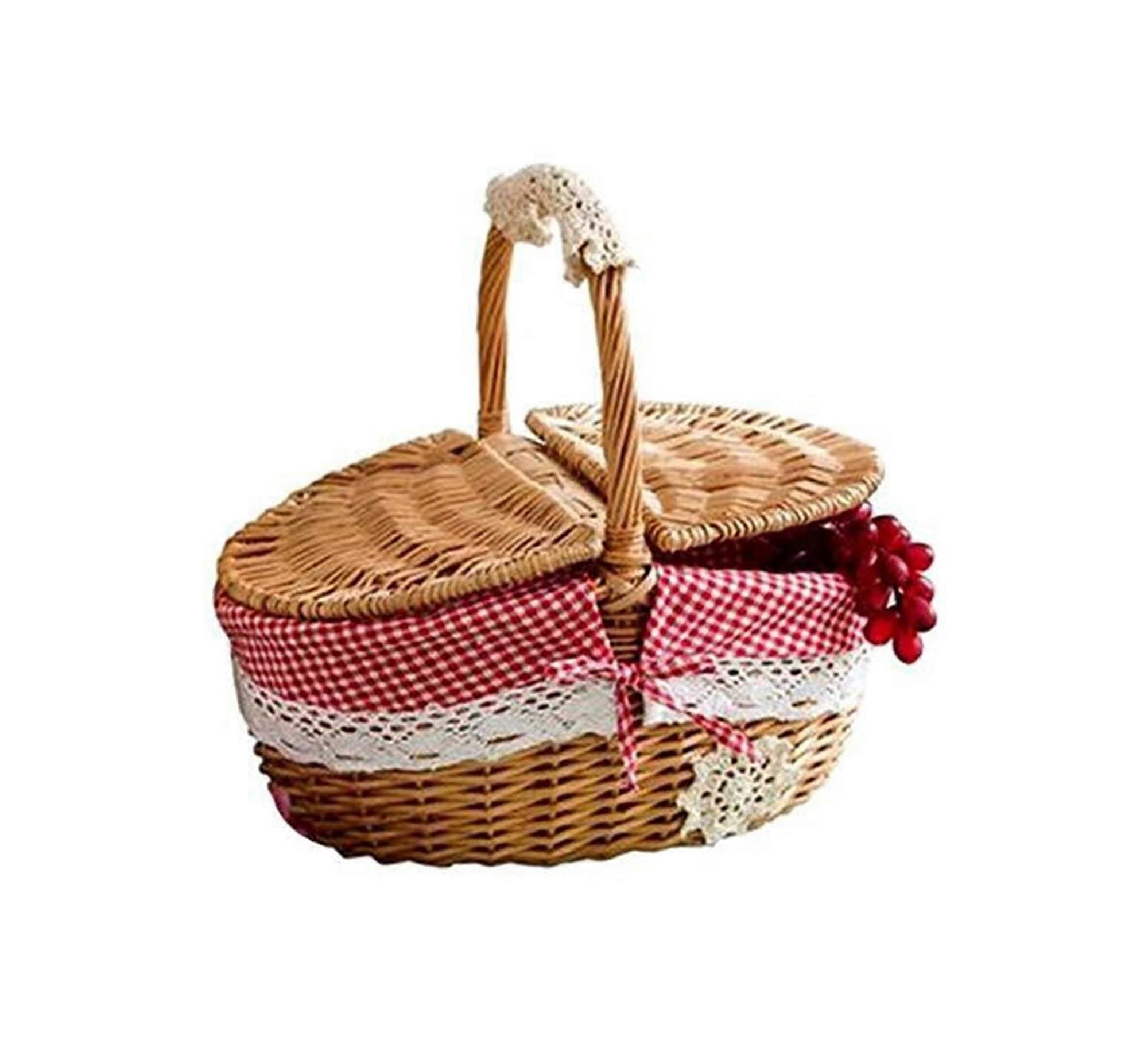 Wicker Picnic Basket with Removable Linen Lining and Wooden Handle for Outdoor Camping and Beach