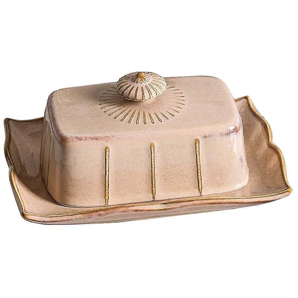 Vintage Ceramic Butter Dish with Lid, Keeps Butter Fresh, Khaki Countertop Storage Container