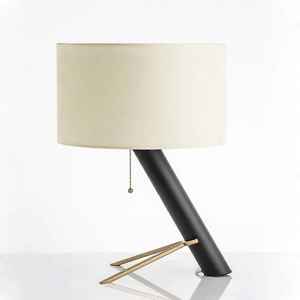 Modern Table Lamp with Vintage Pull Cord, White Fabric Shade, Warm Glow for Bedroom and Living Room