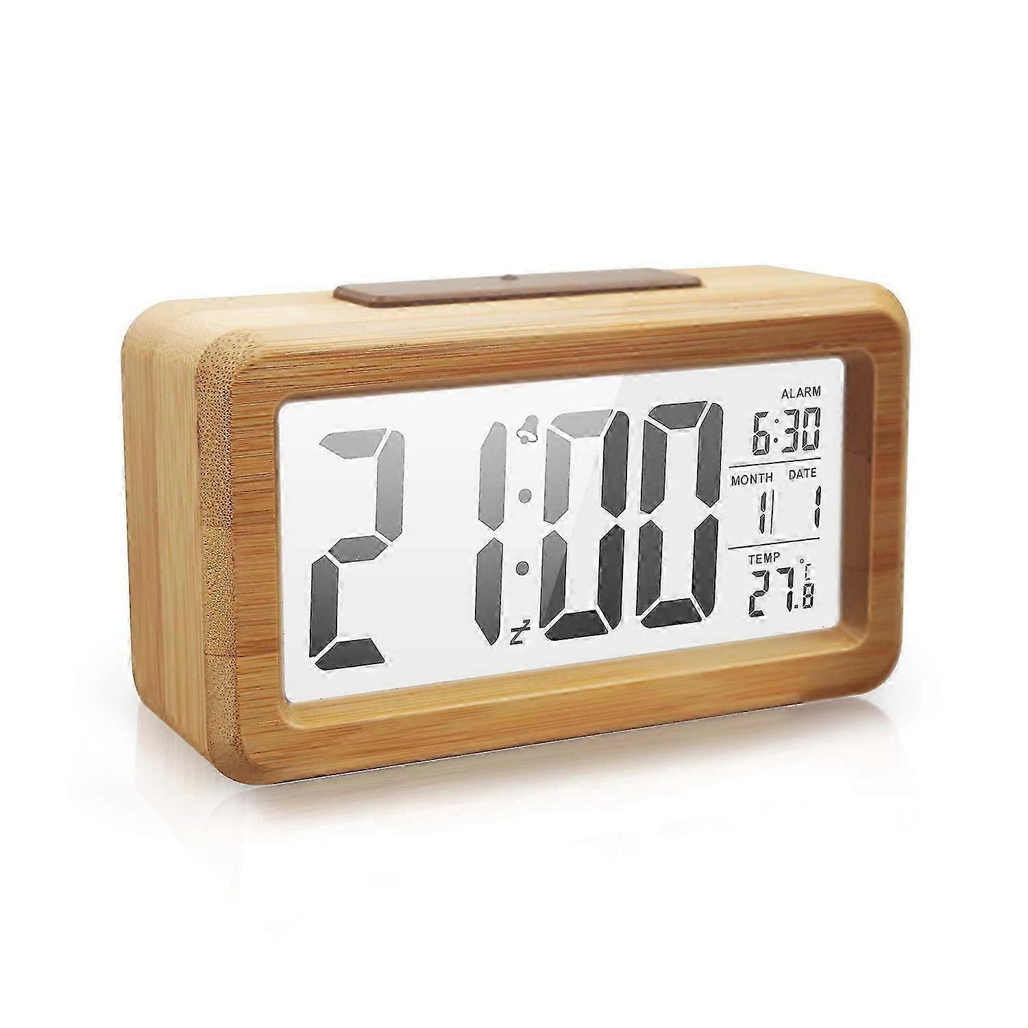 Wooden Digital Alarm Clock, Large LED Display, 12/24 Hours Display,Smart Sensor Night Light